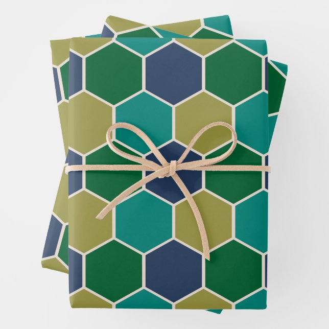 Cool Colourful Turquoise & Navy Geometric Hexagon Wrapping Paper Sheet (In situ)