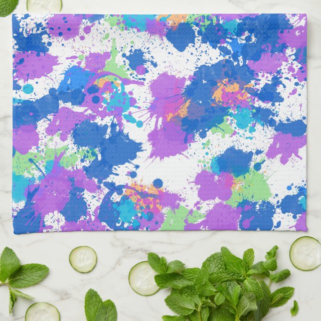 Cool Colours Abstract Splatter Paint, Blurple Kitchen Towel (Folded)