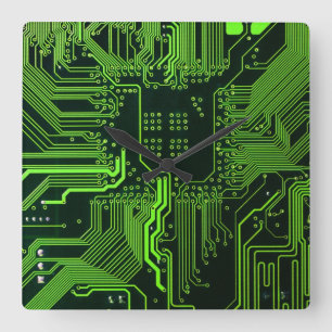 Cool Computer Circuit Board Green Square Wall Clock