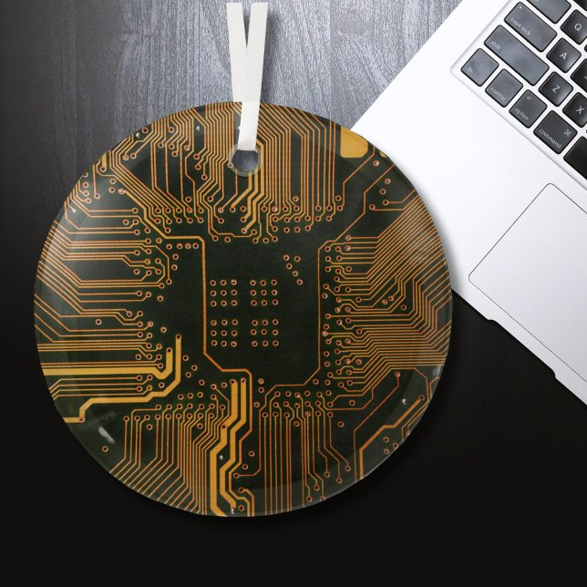 Cool Computer Circuit Board Orange Glass Ornament (Creator Uploaded)