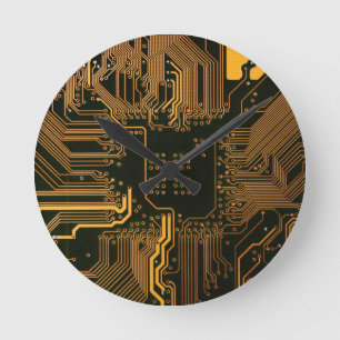 Cool Computer Circuit Board Orange Round Clock