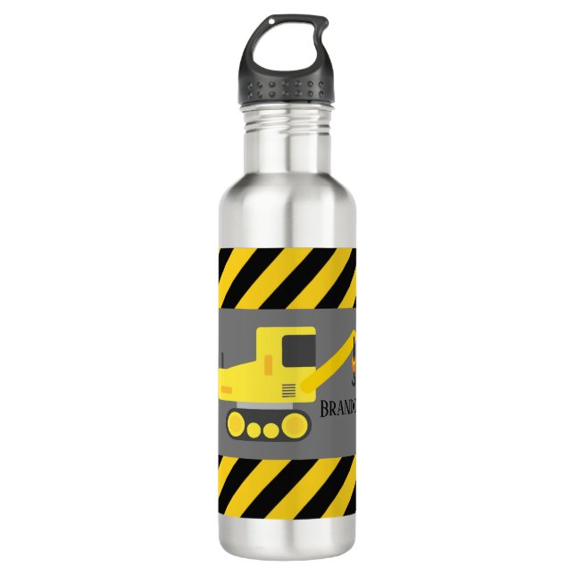 cool construction crane add name boys 710 ml water bottle (Front)