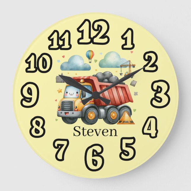 Cool Construction dump truck add name nursery  Large Clock (Front)