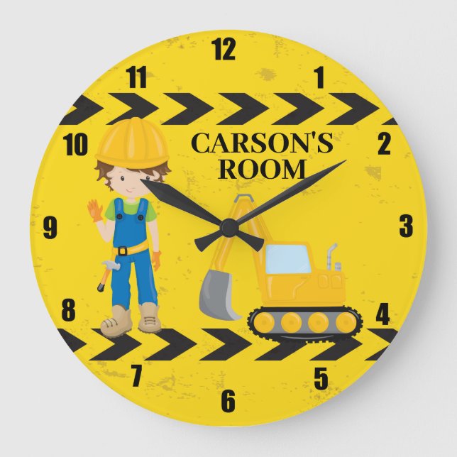 Cool Construction Vehicle Boys Custom Kids Room Large Clock (Front)