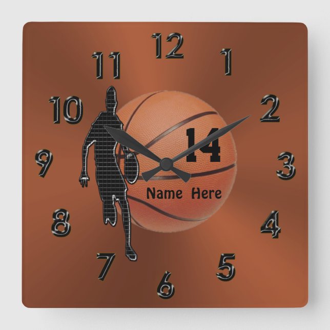 Cool Copper Coloured Personalized Basketball Square Wall Clock (Front)