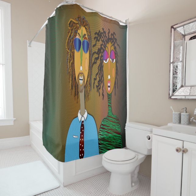 Cool Couple Shower Curtain – Retro Afro Art Vibes (In Situ)