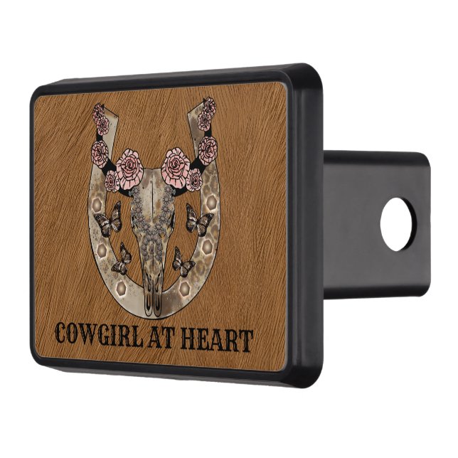 cool cowgirl add text cow skull trailer hitch cover (Left)