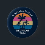 Cool Custom Beach Party Family Reunion 2 Inch Round Button<br><div class="desc">This cute beach party blue button keepsake is perfect for a summer family reunion at a tropical island. Personalize this fun palm tree design for a coastal event with friends or family.</div>