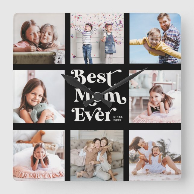 Cool Custom Best Mom Ever Modern Photo Collage Square Wall Clock (Front)