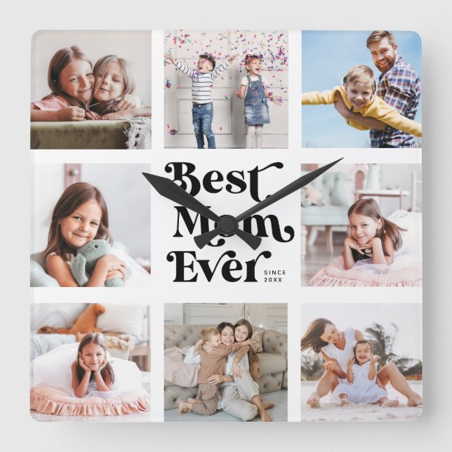 Cool Custom Best Mom Ever Modern Photo Collage Square Wall Clock (Front)