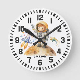 Cool Custom Name Astronaut Boy on the Moon Round Clock