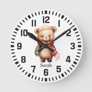 Cool Custom Name Bear with Attire and Hat Round Clock