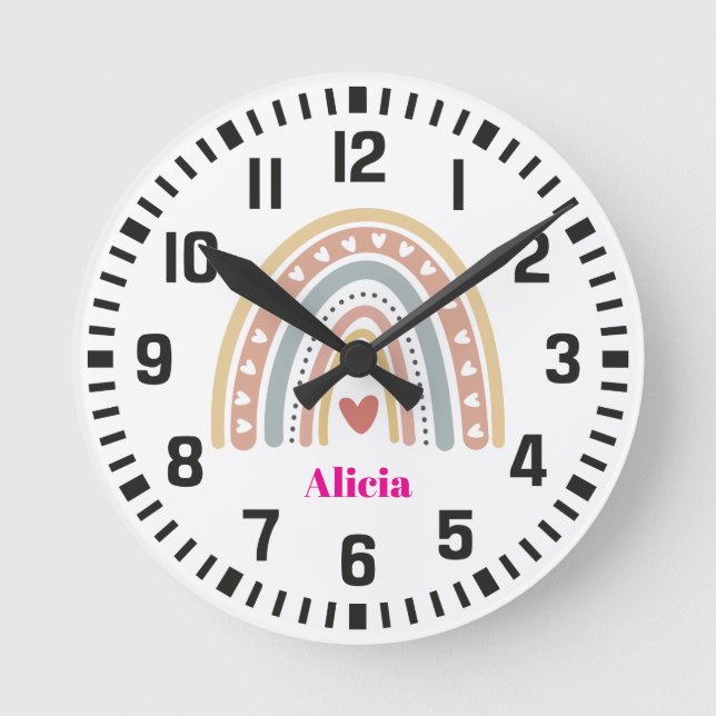 Cool Custom Name Boho Rainbow and Heart Round Clock (Front)