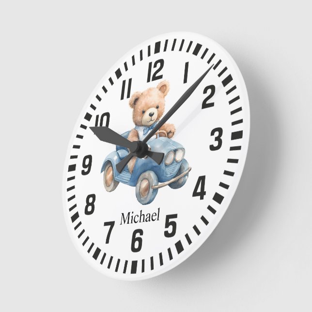 Cool Custom Name Car Pilot Bear Round Clock (Angle)