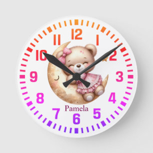 Cool Custom Name Pink Bear on the Moon Round Clock