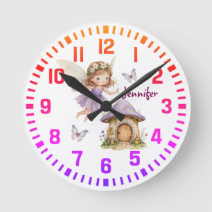 Cool Custom Name Purple Fairy and Butterflies Round Clock