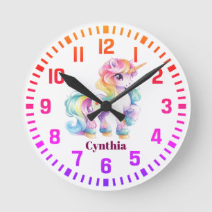 Cool Custom Name Rainbow Unicorn Round Clock
