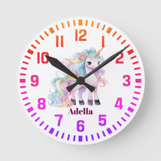 Cool Custom Name Rainbow Unicorn Round Clock (Front)