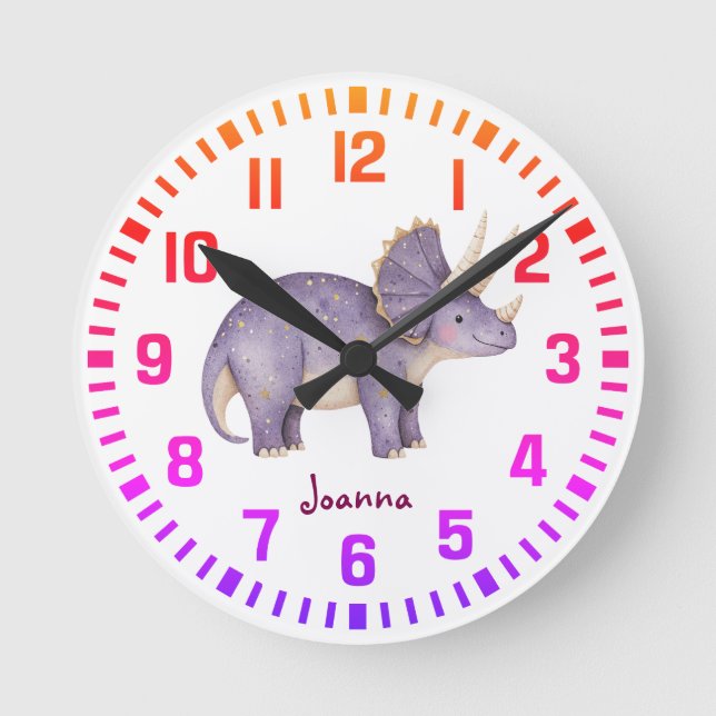 Cool Custom Name Smiling Dinosaur Round Clock (Front)