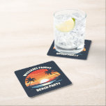 Cool Custom Sunrise Palm Trees Beach Party Blue Square Paper Coaster<br><div class="desc">These cool sunrise beach party paper coasters feature your personalized group name for a family reunion or trip to the island of Maui Hawaii. Cute personalized decor with an orange sun over the blue ocean waters of your cruise or coastal destination.</div>