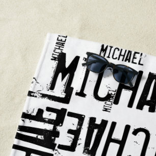 cool&custom typography black names on white beach towel