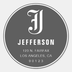 Cool Customizable Address & Monogram   Dark Grey Classic Round Sticker