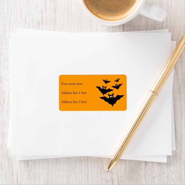 Cool cute Black Flying bats Halloween on Orange Label (Insitu)