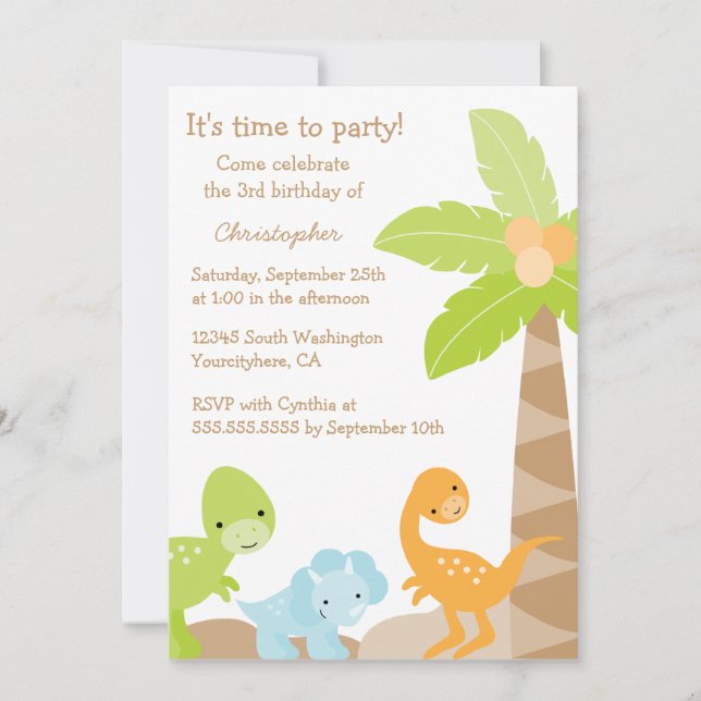 Cool cute dinosaur boy's birthday party invitation (Front)