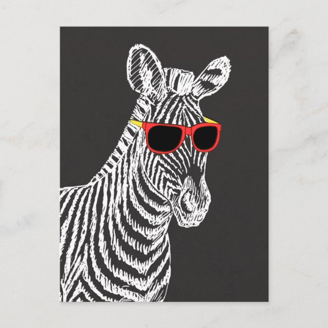 Cool cute funny zebra white sketch with glasses postcard (Front)