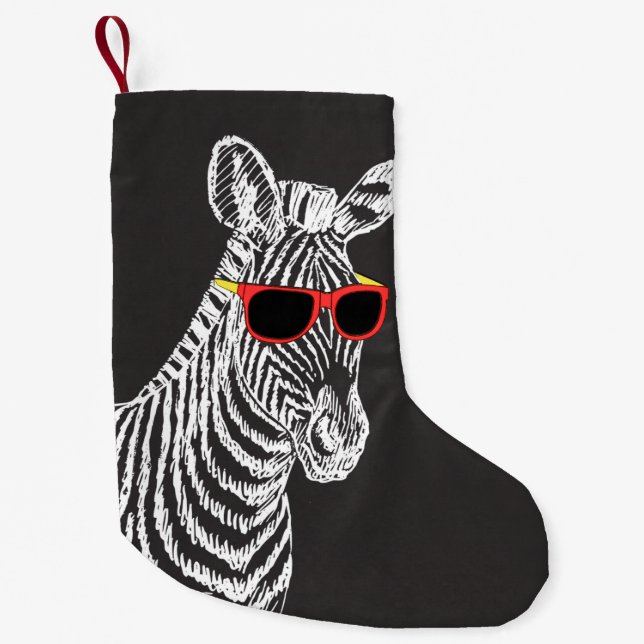 Cool cute funny zebra white sketch with glasses small christmas stocking (Front)