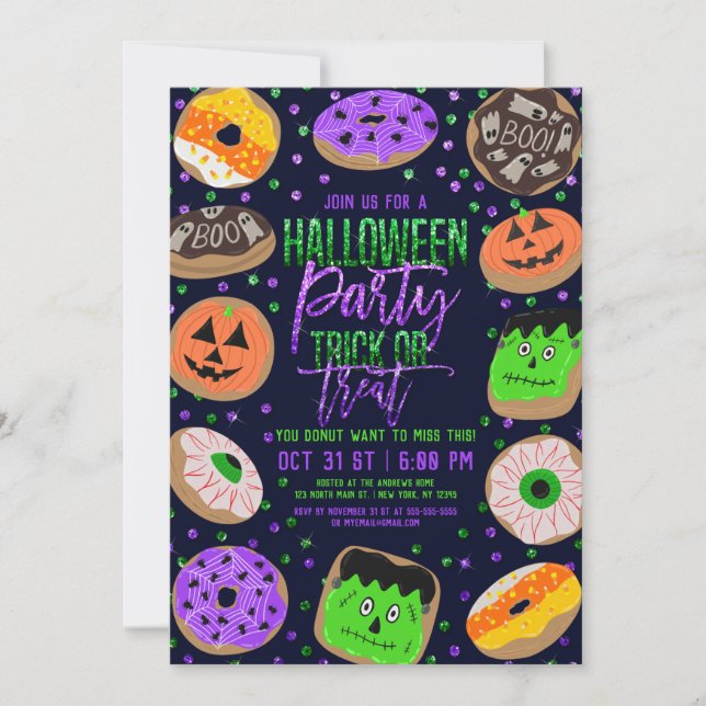 Cool Cute Glitter Confetti Doughnuts Halloween Par Invitation (Front)