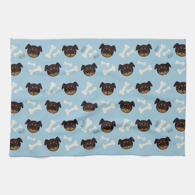 Cool Cute Rottweiler Puppy & Bones Pattern Kitchen Towel (Horizontal)