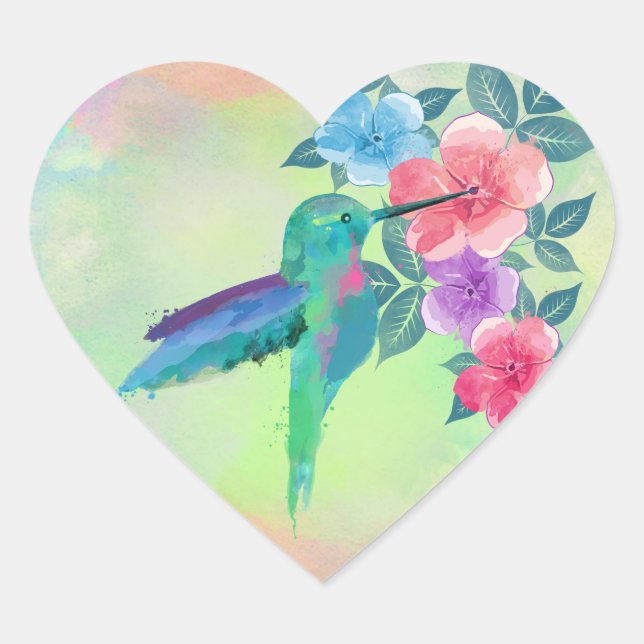 Cool cute trendy  watercolours hummingbird floral heart sticker (Front)