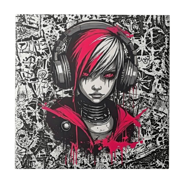 Cool Cyber 2K Urban Emo Girl with Headphones Art Tile (Front)