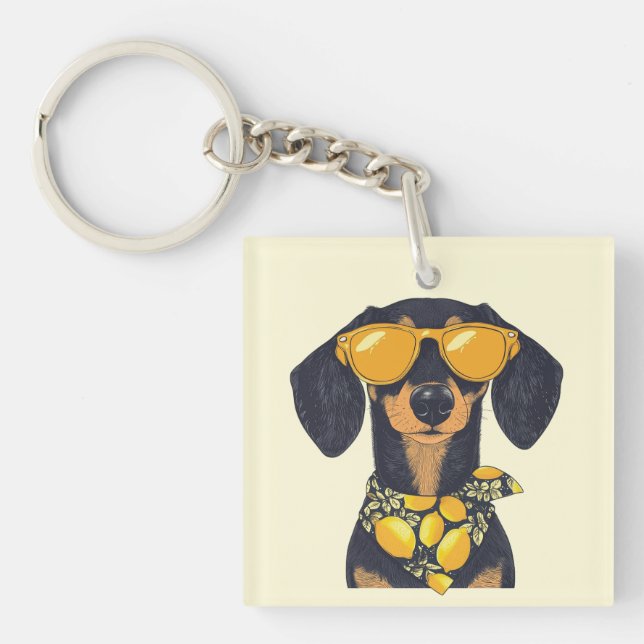 Cool Dachshund Dog Sunglasses Lemons Keychain (Front)