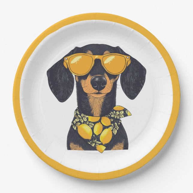 Cool Dachshund Dog Sunglasses Lemons Paper Plate (Front)
