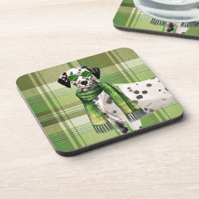 Cool Dalmatian in Sunglasses and Scarf Green Plaid Coaster (Left Side)