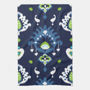 Cool dark navy blue and green tribal ikat print kitchen towel
