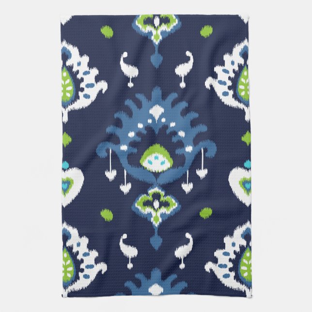 Cool dark navy blue and green tribal ikat print kitchen towel (Vertical)