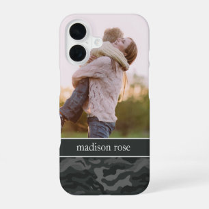 Cool Dark Olive & Black Camo Personalized Photo iPhone 16 Case