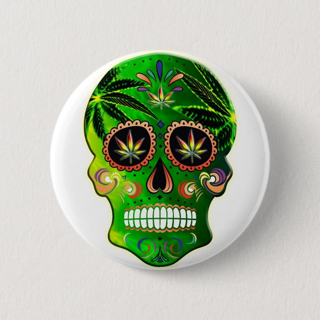 Cool Day of the Dead Sugar Skull Weed 2 Inch Round Button (Front)