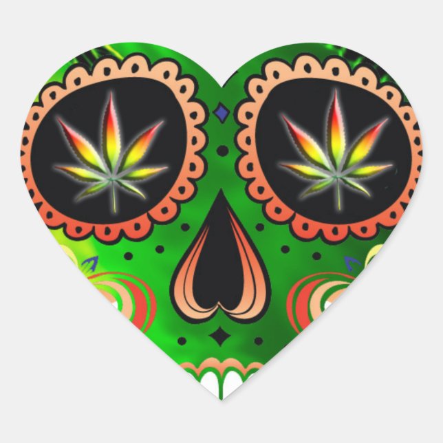 Cool Day of the Dead Sugar Skull Weed Heart Sticker (Front)