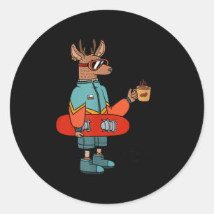 Cool deer with a snowboard, shred slopes, sip classic round sticker