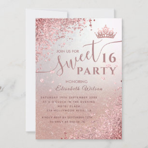 Cool diamond glitter rose gold tiara sweet 16 invitation