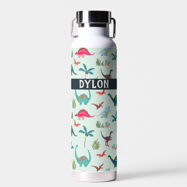 Cool dinosaur custom name blue water bottle (Front)
