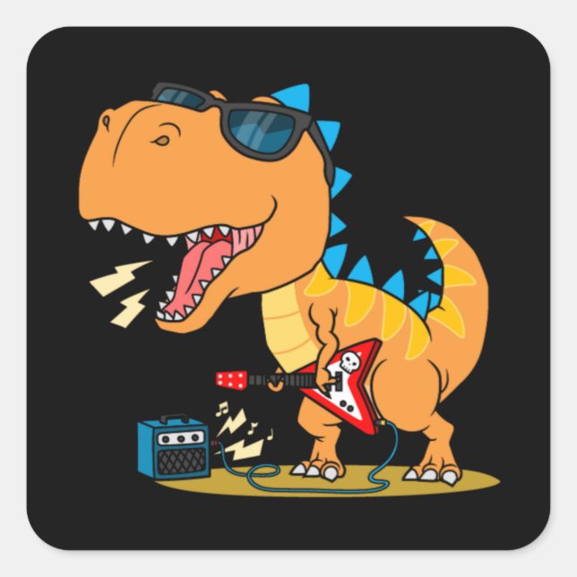 Cool dinosaur playing guitar square sticker (Front)