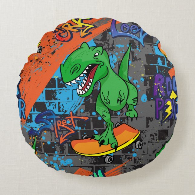 Cool Dinosaur Skateboard Seamless Pattern Round Pillow (Front)