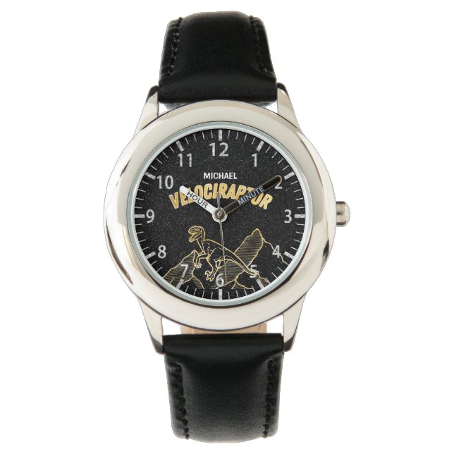 Cool Dinosaur Velociraptor Gold Lineart Kids Watch (Front)