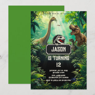 Cool Dinosaurs World Jurassic Greenery Birthday Invitation