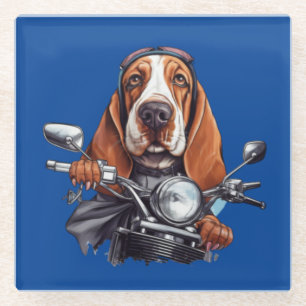 Cool dog biker, cute basset hound dog driver glass coaster